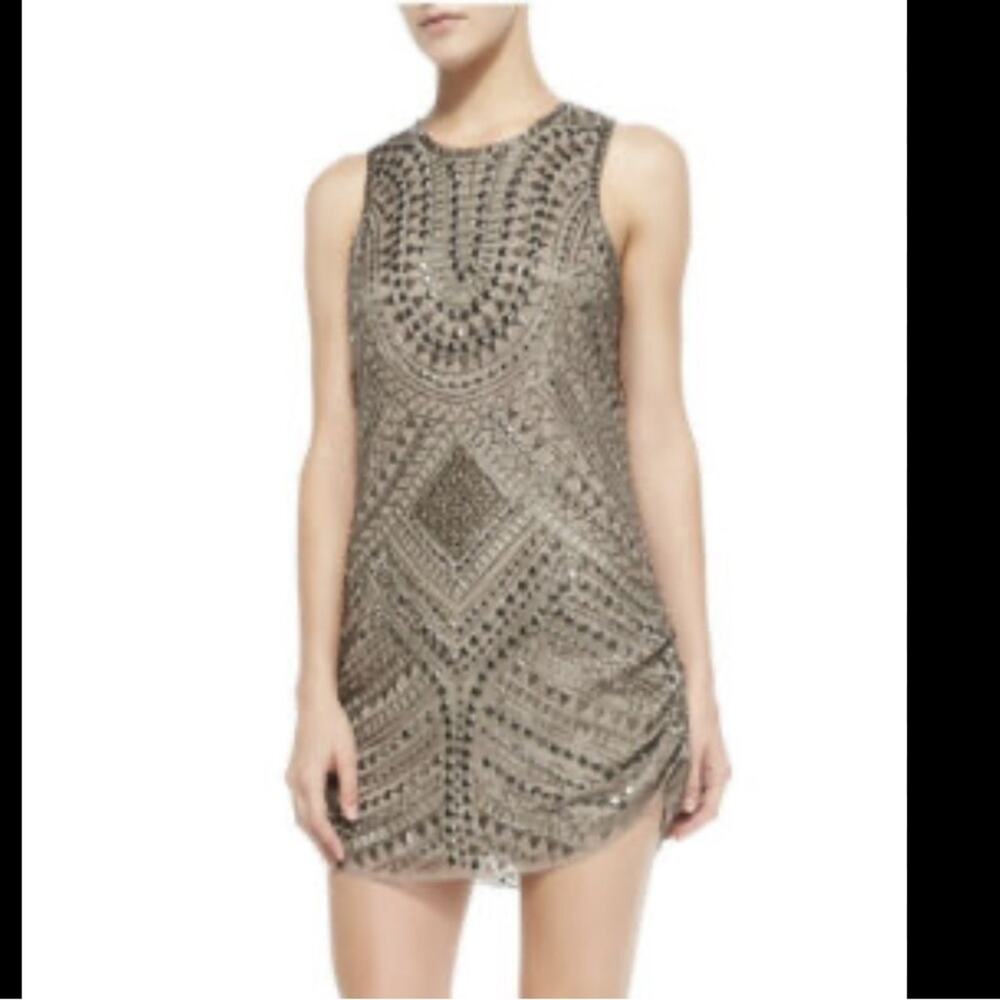 Parker 100% Silk Fully Beaded Allegra Mini Dress Taupe/Gold Size M - Picture 8 of 8